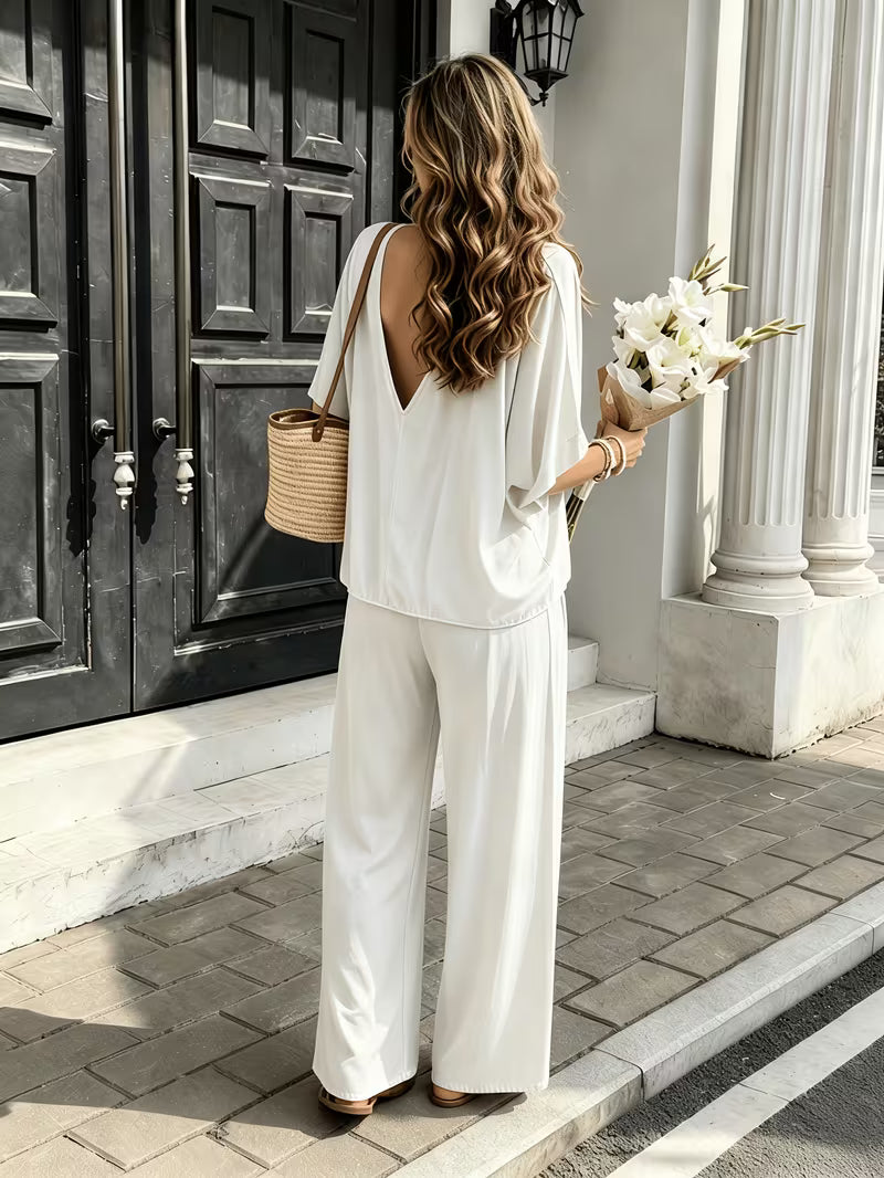 Women's Summer Two-Piece Lounge Set – V-Neck Short Sleeve Top & High-Waisted Wide-Leg Capri Pants