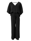 Women's Summer Two-Piece Lounge Set – V-Neck Short Sleeve Top & High-Waisted Wide-Leg Capri Pants