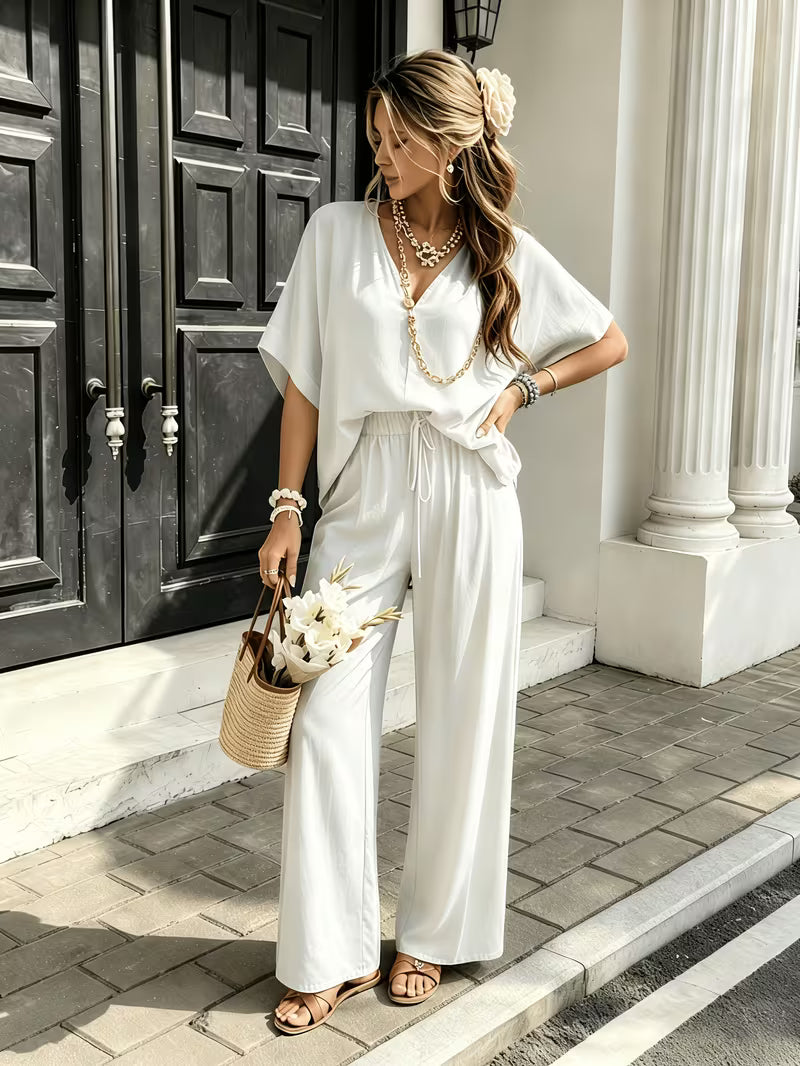 Women's Summer Two-Piece Lounge Set – V-Neck Short Sleeve Top & High-Waisted Wide-Leg Capri Pants