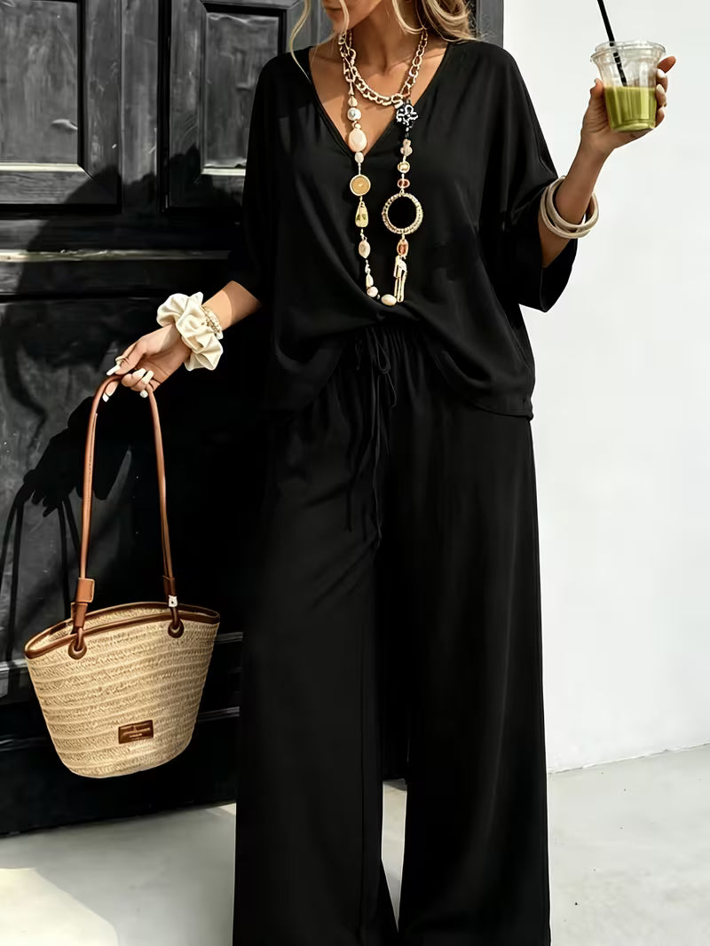 Women's Summer Two-Piece Lounge Set – V-Neck Short Sleeve Top & High-Waisted Wide-Leg Capri Pants