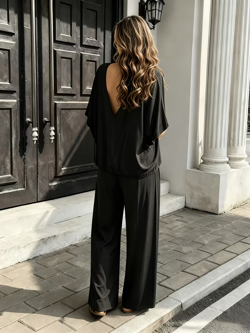 Women's Summer Two-Piece Lounge Set – V-Neck Short Sleeve Top & High-Waisted Wide-Leg Capri Pants