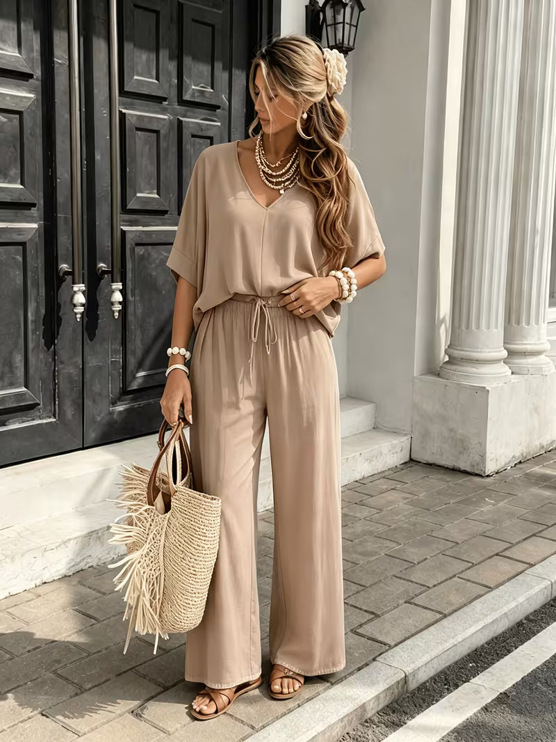 Women's Summer Two-Piece Lounge Set – V-Neck Short Sleeve Top & High-Waisted Wide-Leg Capri Pants