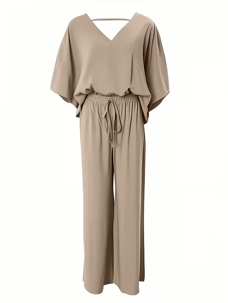 Women's Summer Two-Piece Lounge Set – V-Neck Short Sleeve Top & High-Waisted Wide-Leg Capri Pants