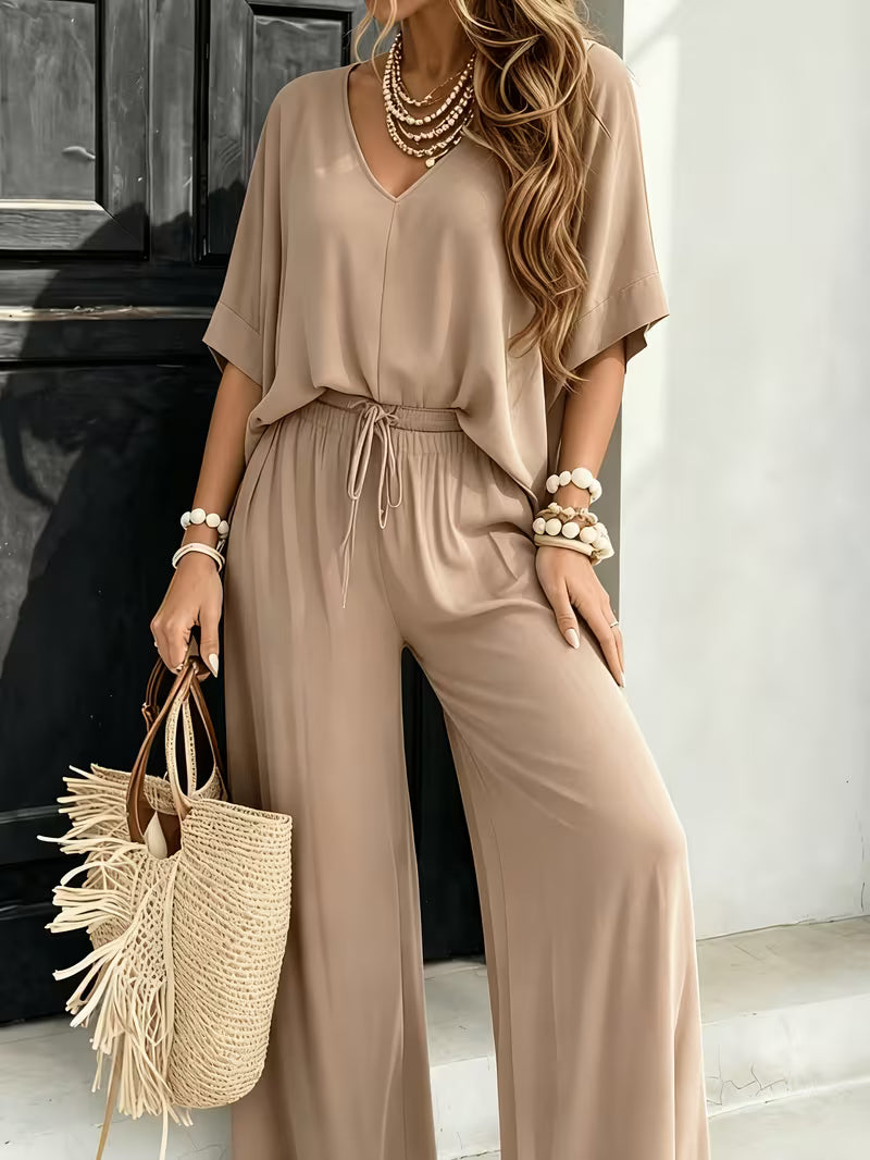Women's Summer Two-Piece Lounge Set – V-Neck Short Sleeve Top & High-Waisted Wide-Leg Capri Pants