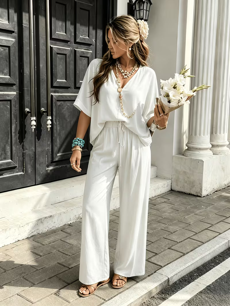 Women's Summer Two-Piece Lounge Set – V-Neck Short Sleeve Top & High-Waisted Wide-Leg Capri Pants
