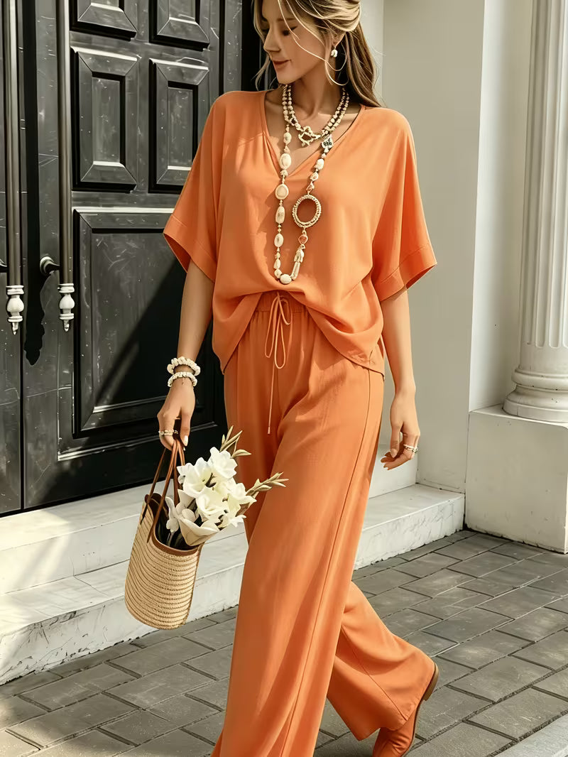 Women's Summer Two-Piece Lounge Set – V-Neck Short Sleeve Top & High-Waisted Wide-Leg Capri Pants