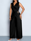 Women's V-Neck Sleeveless Wide-Leg Jumpsuit – Casual Solid Color Commute Outfit