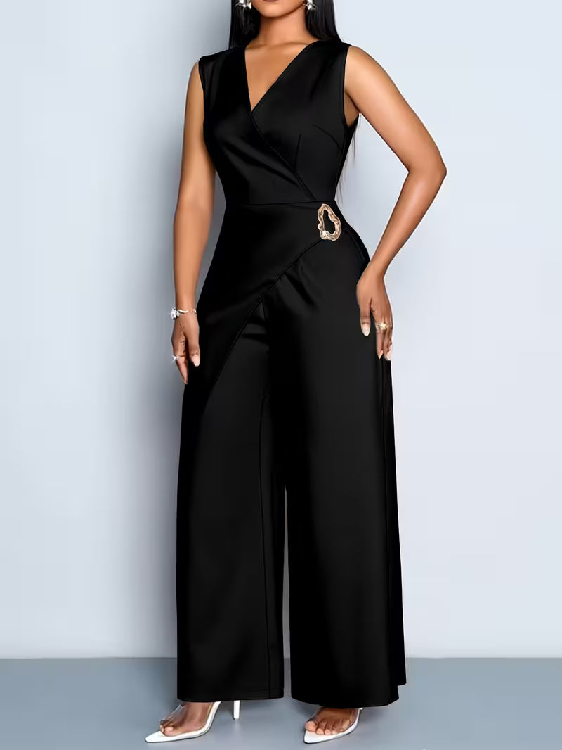 Women's V-Neck Sleeveless Wide-Leg Jumpsuit – Casual Solid Color Commute Outfit