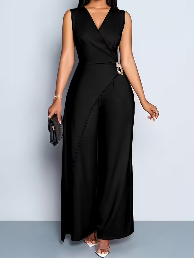 Women's V-Neck Sleeveless Wide-Leg Jumpsuit – Casual Solid Color Commute Outfit