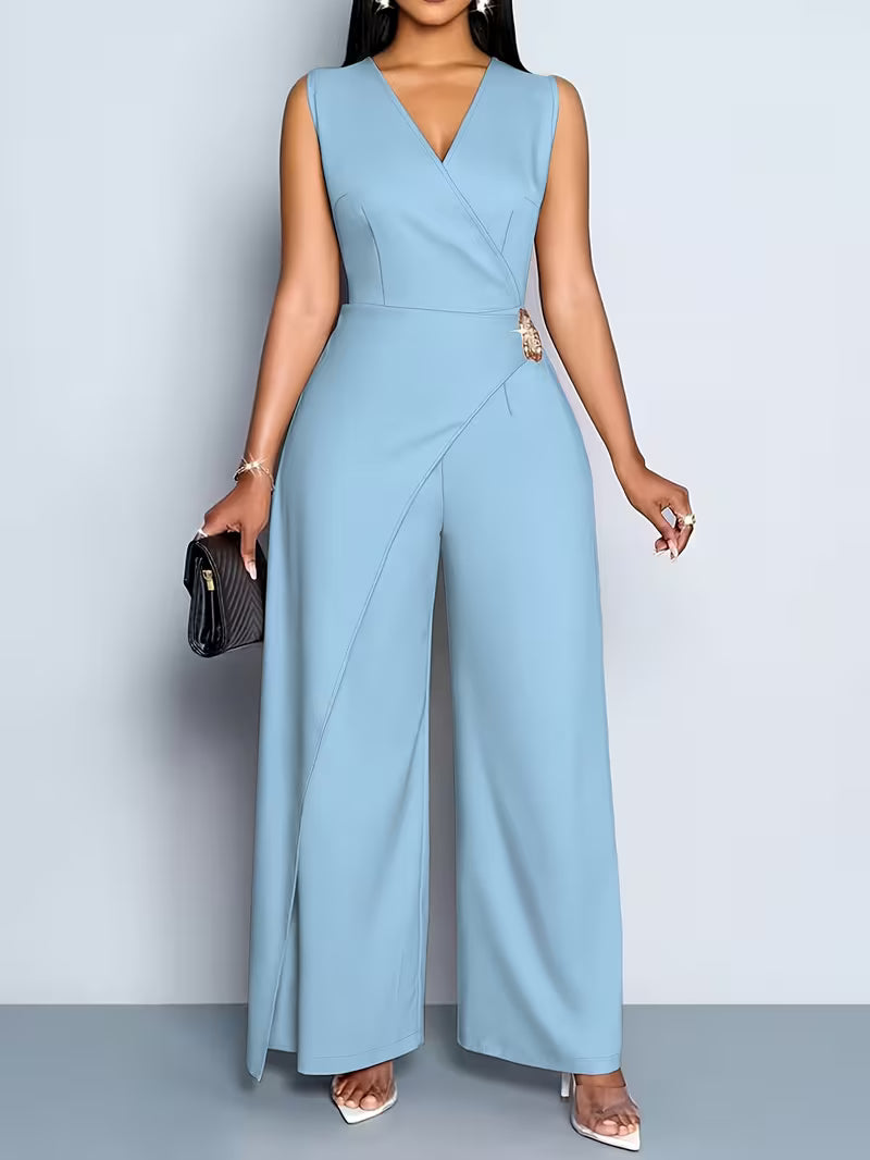 Women's V-Neck Sleeveless Wide-Leg Jumpsuit – Casual Solid Color Commute Outfit