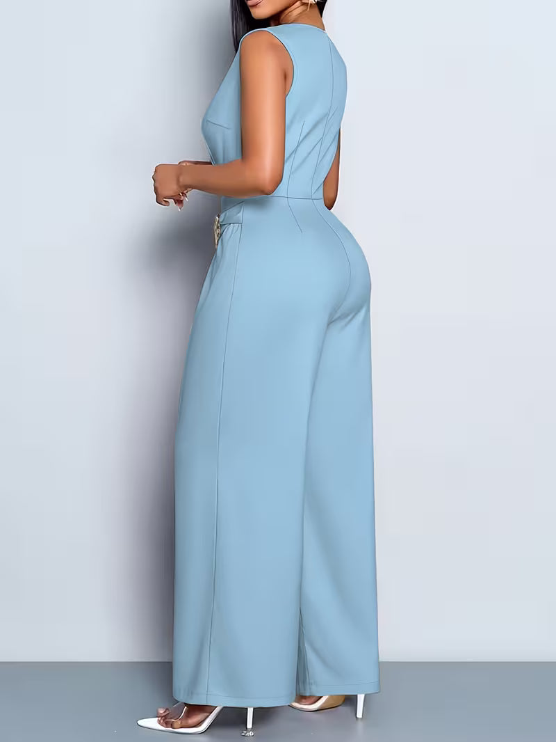 Women's V-Neck Sleeveless Wide-Leg Jumpsuit – Casual Solid Color Commute Outfit