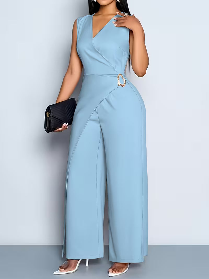 Women's V-Neck Sleeveless Wide-Leg Jumpsuit – Casual Solid Color Commute Outfit