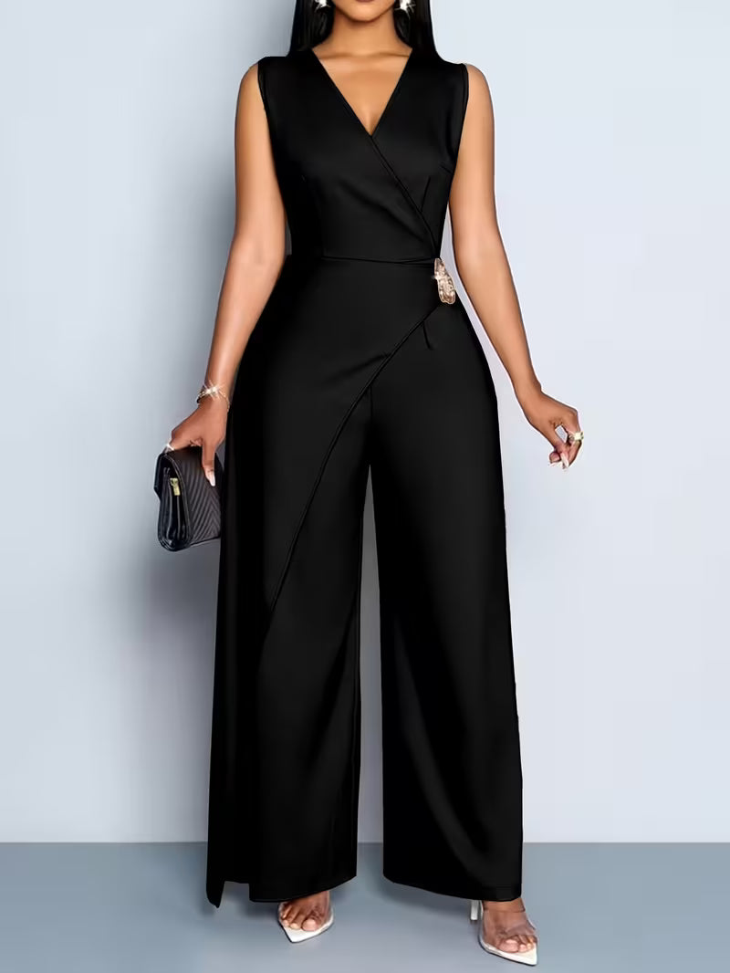 Women's V-Neck Sleeveless Wide-Leg Jumpsuit – Casual Solid Color Commute Outfit