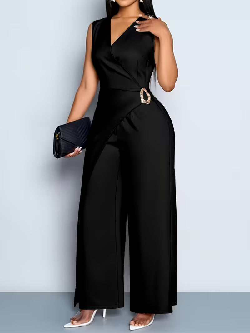 Women's V-Neck Sleeveless Wide-Leg Jumpsuit – Casual Solid Color Commute Outfit
