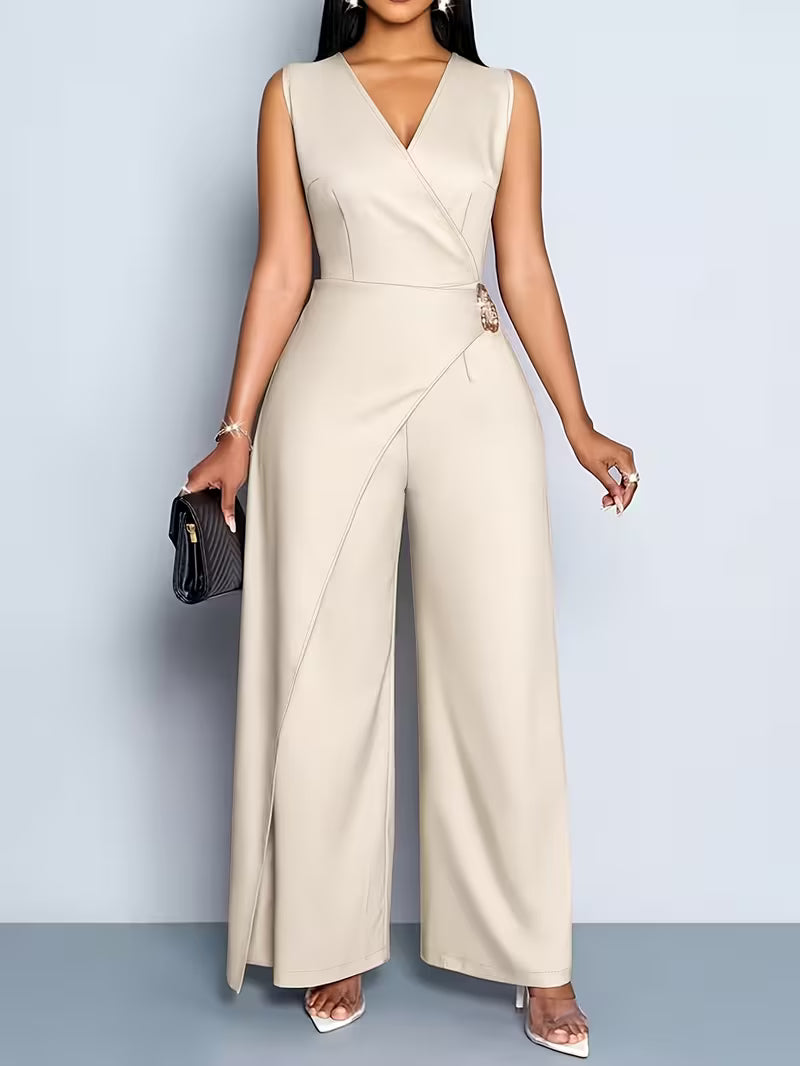 Women's V-Neck Sleeveless Wide-Leg Jumpsuit – Casual Solid Color Commute Outfit